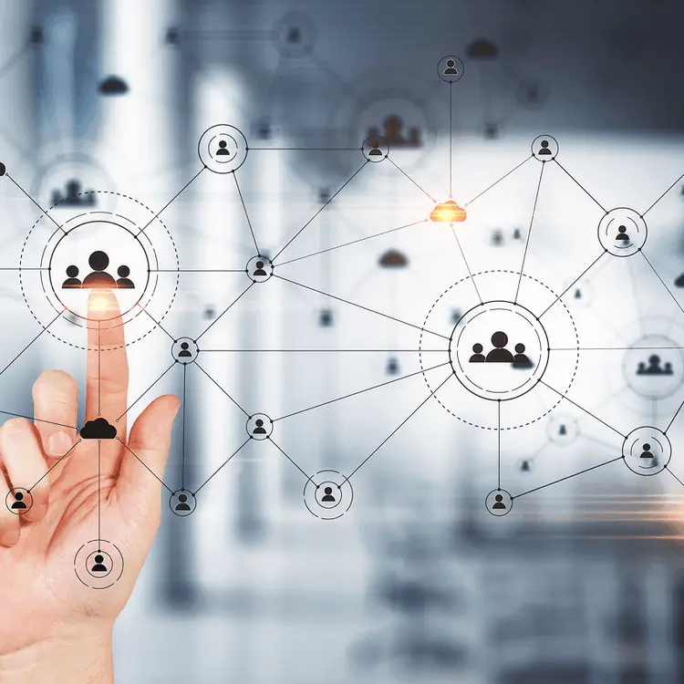 A hand touching a network of people icons, representing requests and systems linked together