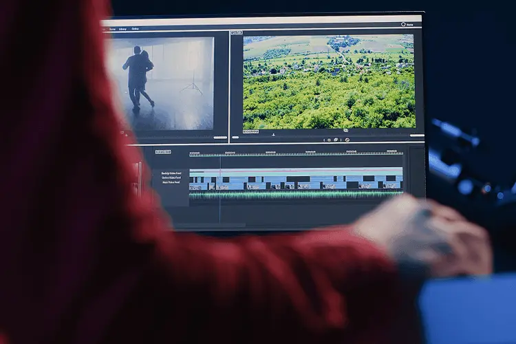 Editing an ad video on a laptop screen with a visible timeline
