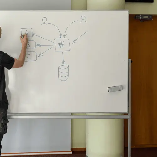 A person drawing a task-prioritization workflow diagram with a database on a whiteboard
